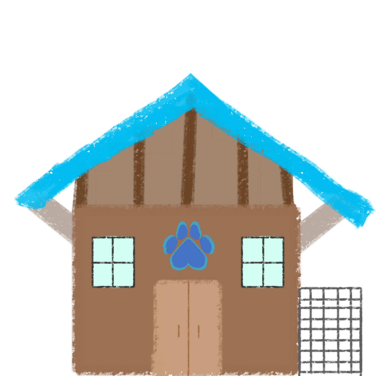 a cartoon-style dog shelter. The building is brown with a blue roof and a large, rectangular door. There are two windows on the side, and a paw print is displayed prominently on the front. To the right of the building is a grey fenced area.